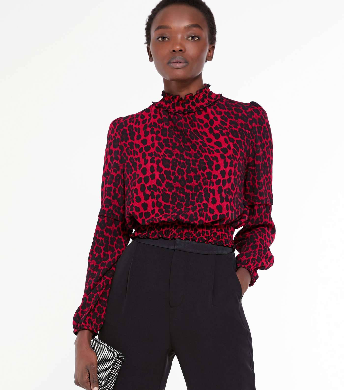 Red Leopard Print Shirred High Neck Blouse 
