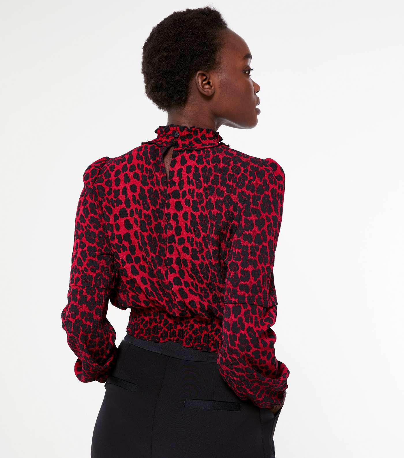 Red Leopard Print Shirred High Neck Blouse  Image 3