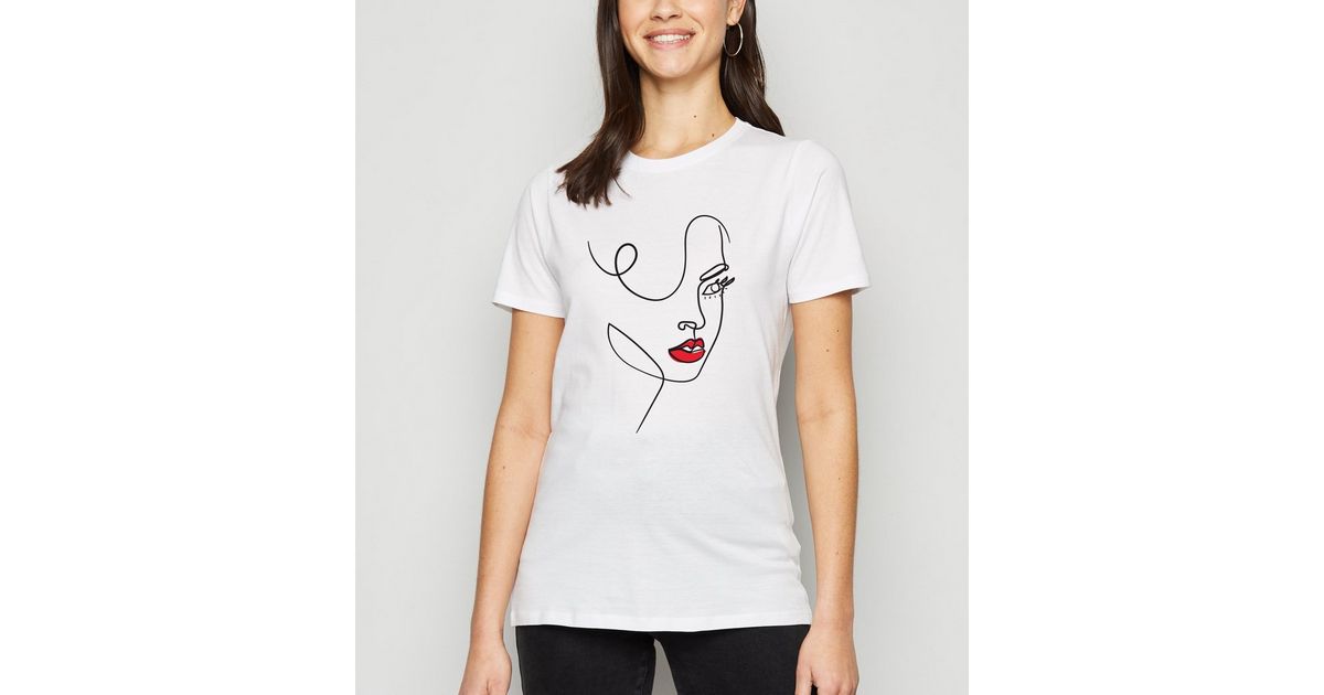 White Line Drawn Sketch Face T-Shirt | New Look