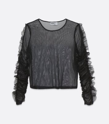 Image of Noisy May Black Mesh Frill Sleeve Top New Look