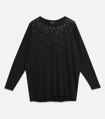 Image of Curves Black Fine Knit Diamanté Tunic Top New Look