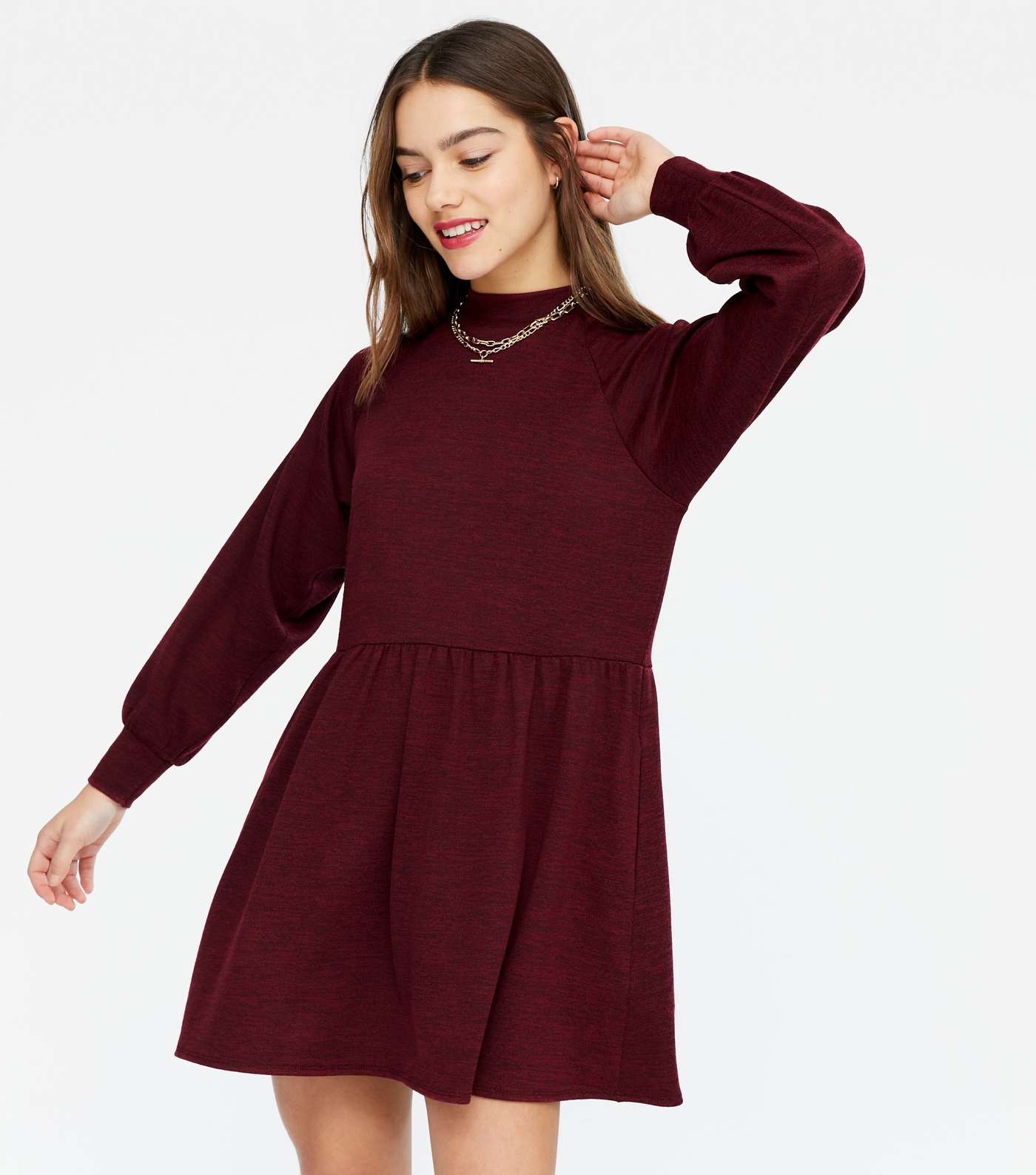 Petite Burgundy Puff Sleeve Sweatshirt Smock Dress