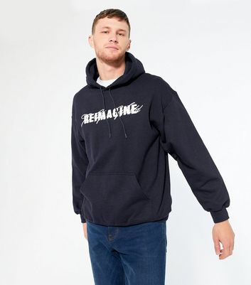 Image of Navy Reimagine Slogan One Pocket Hoodie New Look