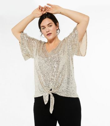 Curves Silver Sequin Tie Front Top New Look