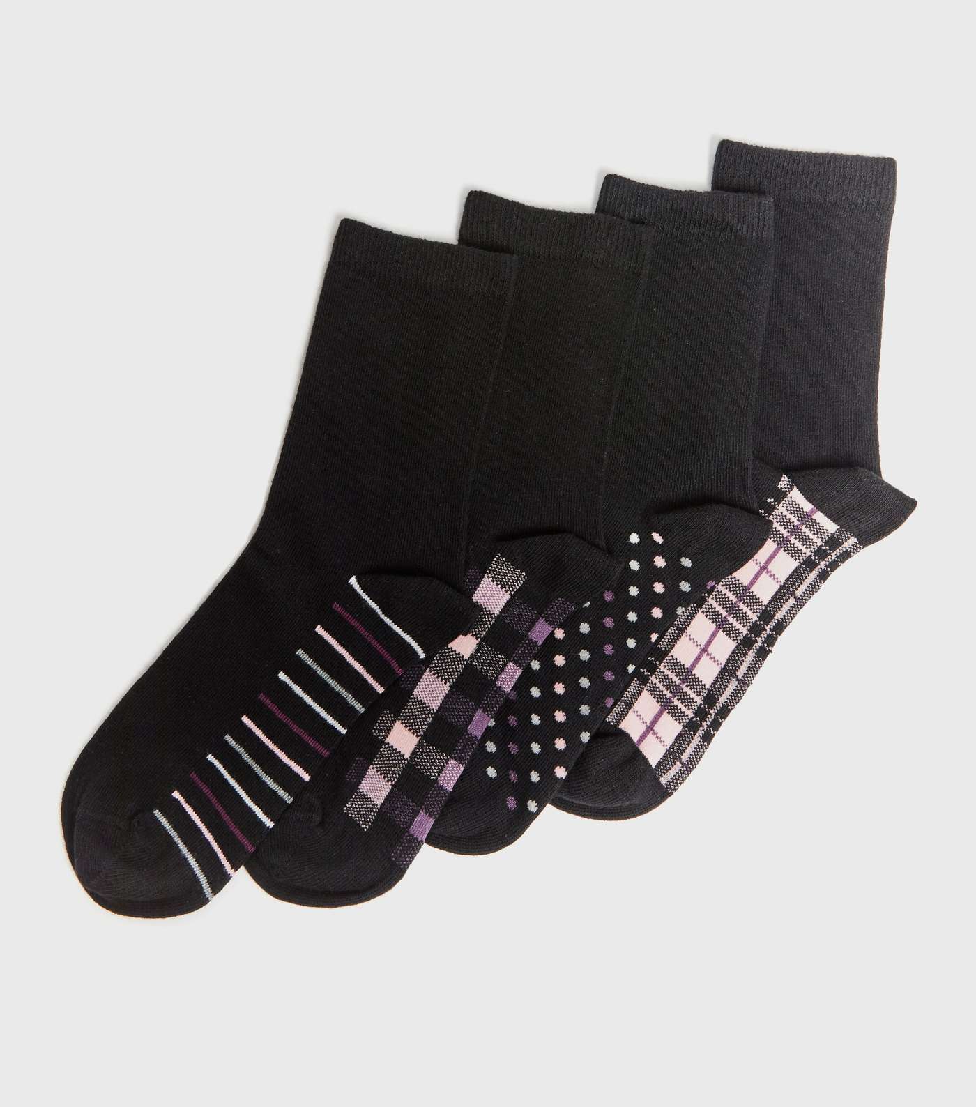 4 Pack Black Check Spot and Stripe Ankle Socks