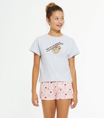 Girls Grey Sloth Slogan Short Pyjama Set New Look