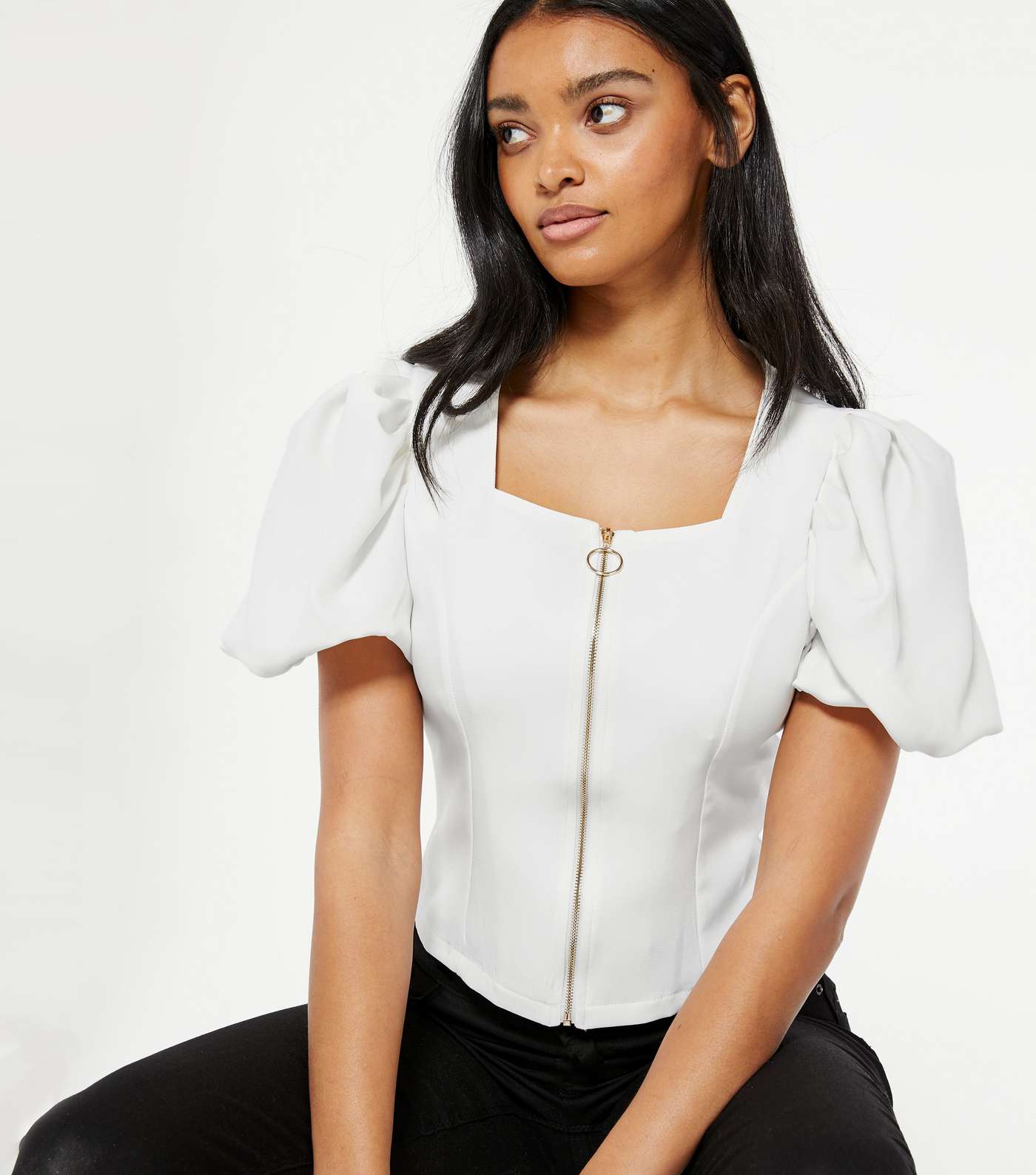 White Zip Front Puff Sleeve Top
