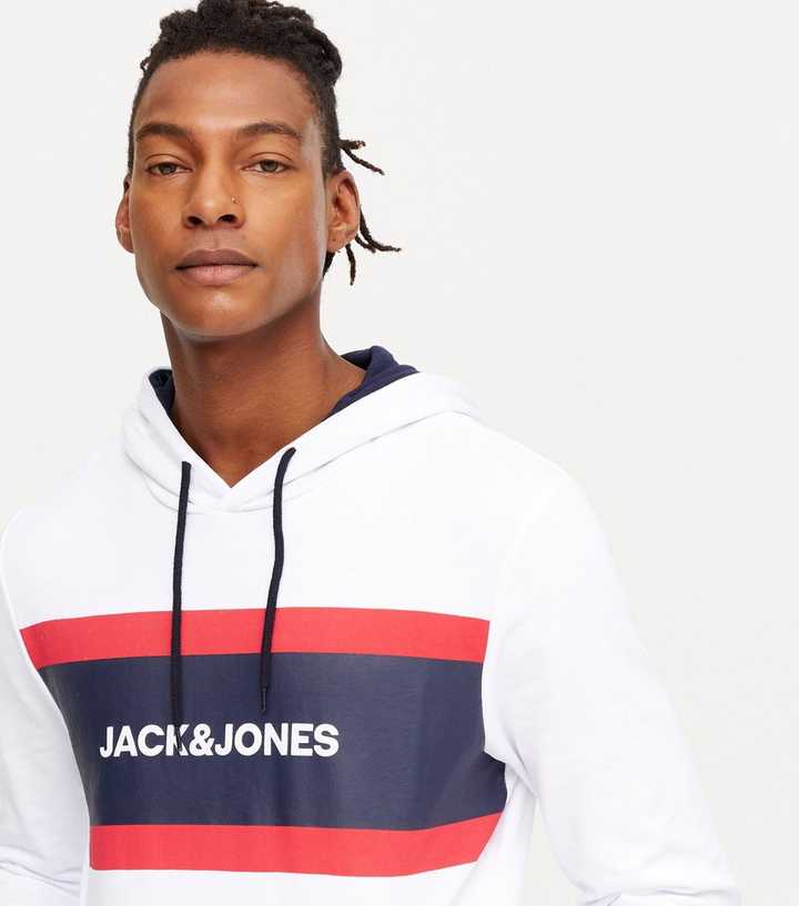 Jack & Jones White Stripe Logo Hoodie | New Look