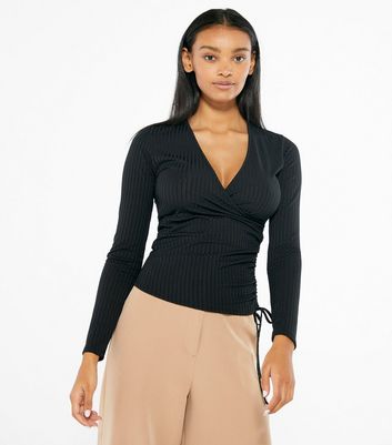 Look Yellow Ribbed Ruched Side Wrap Top 