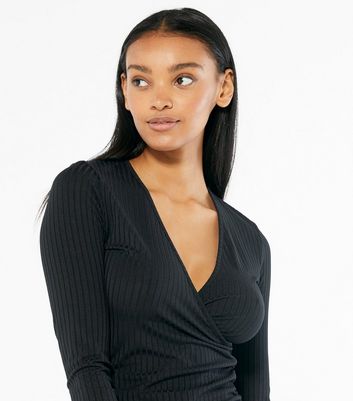 Black Ribbed Ruched Side Wrap Top | New 