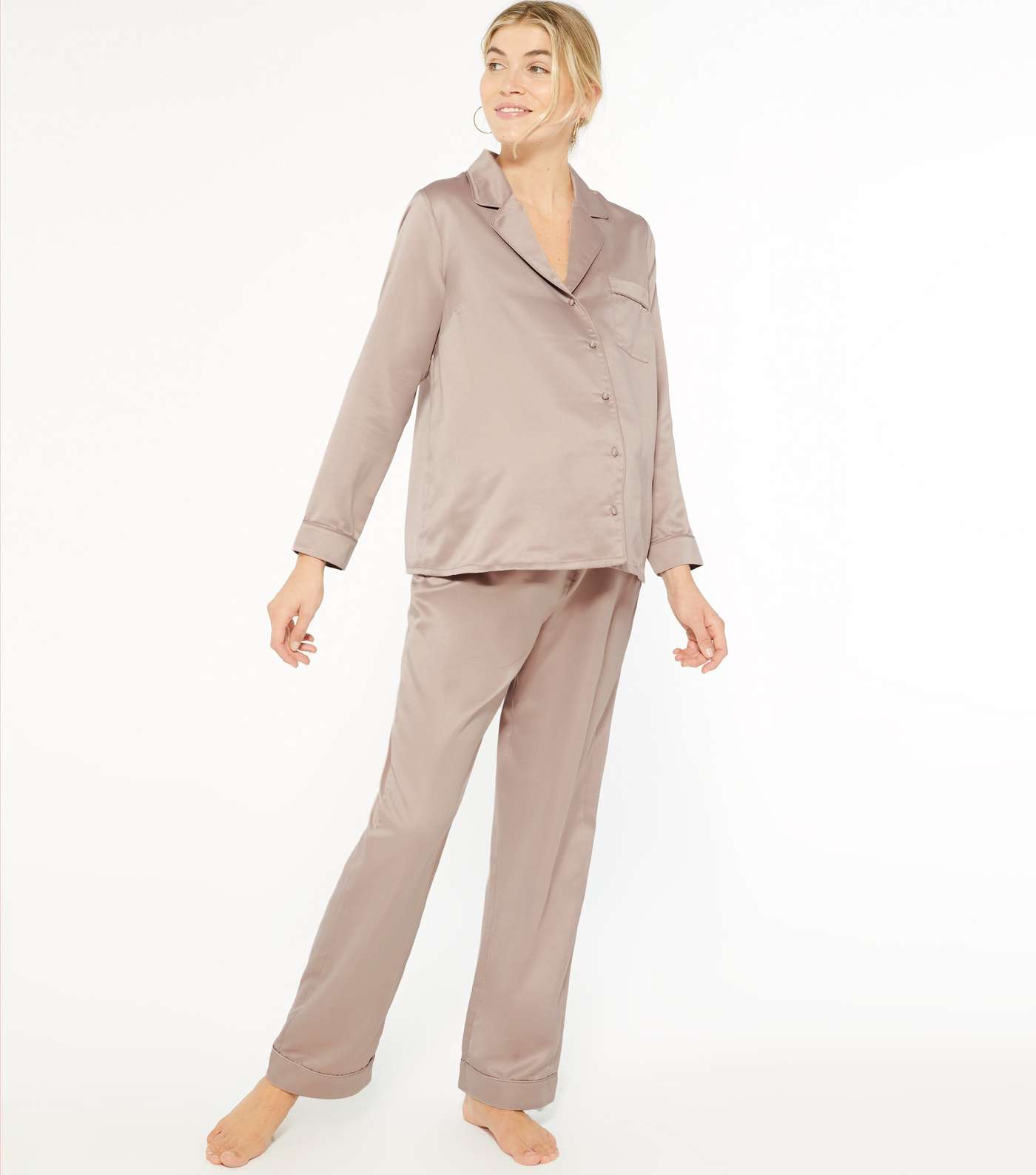 Maternity Stone Satin Revere Collar Trouser Pyjama Set