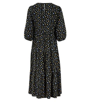 Image of Black Ditsy Floral / Puff Sleeve Midi Smock Dress New Look