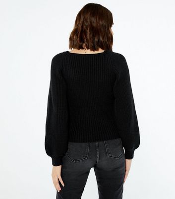 Black Square Neck Puff Sleeve Jumper 