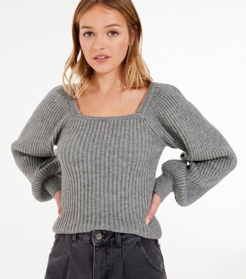 Pale Grey Square Neck Puff Sleeve Jumper New Look