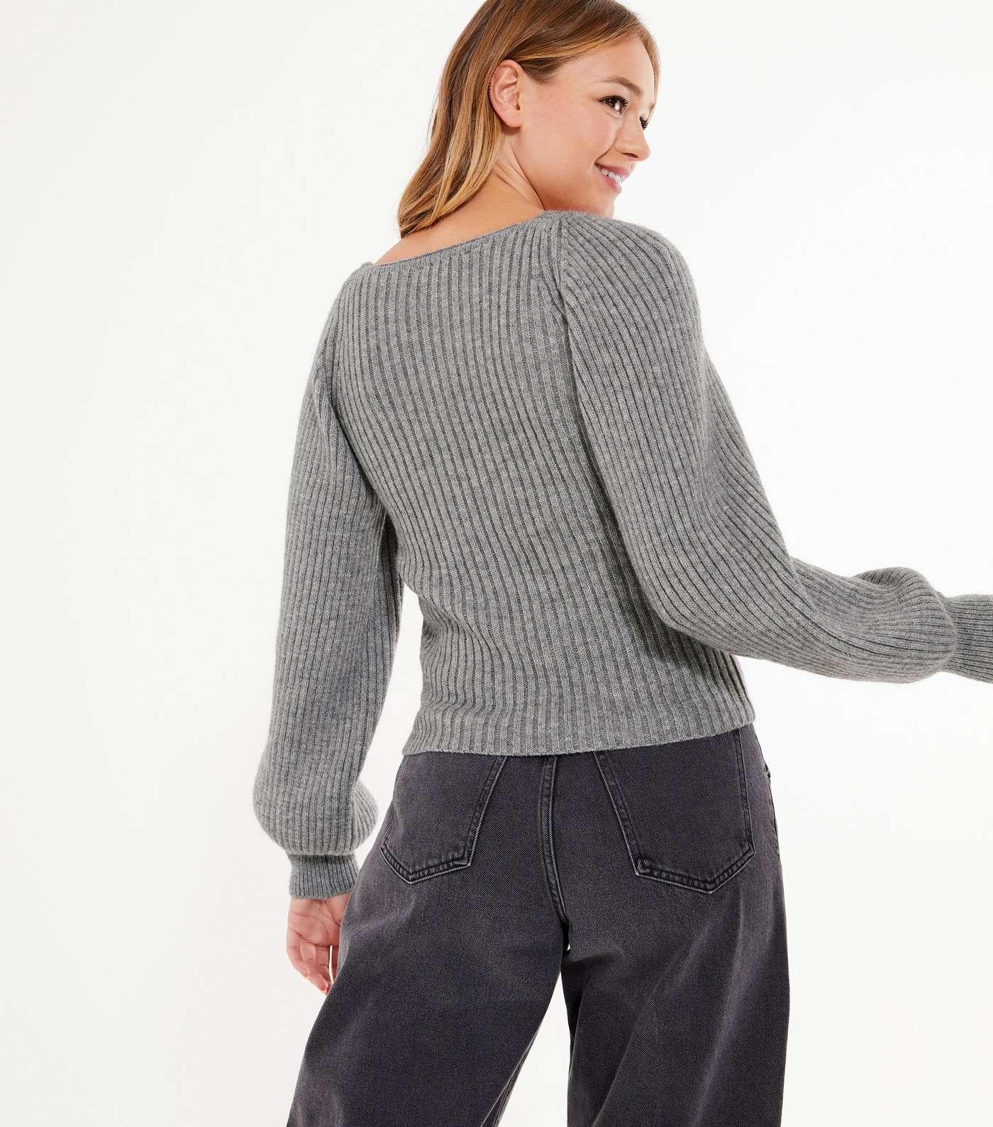 Pale Grey Square Neck Puff Sleeve Jumper Image 3