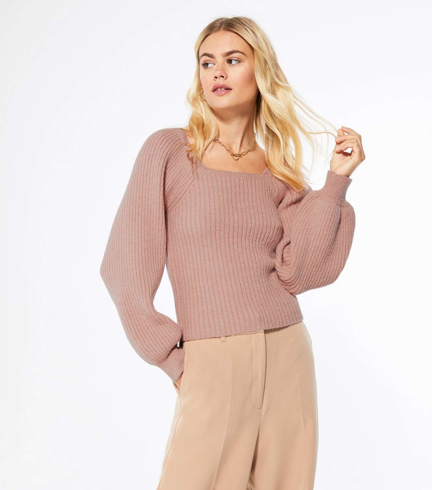 Mid Pink Square Neck Puff Sleeve Jumper
