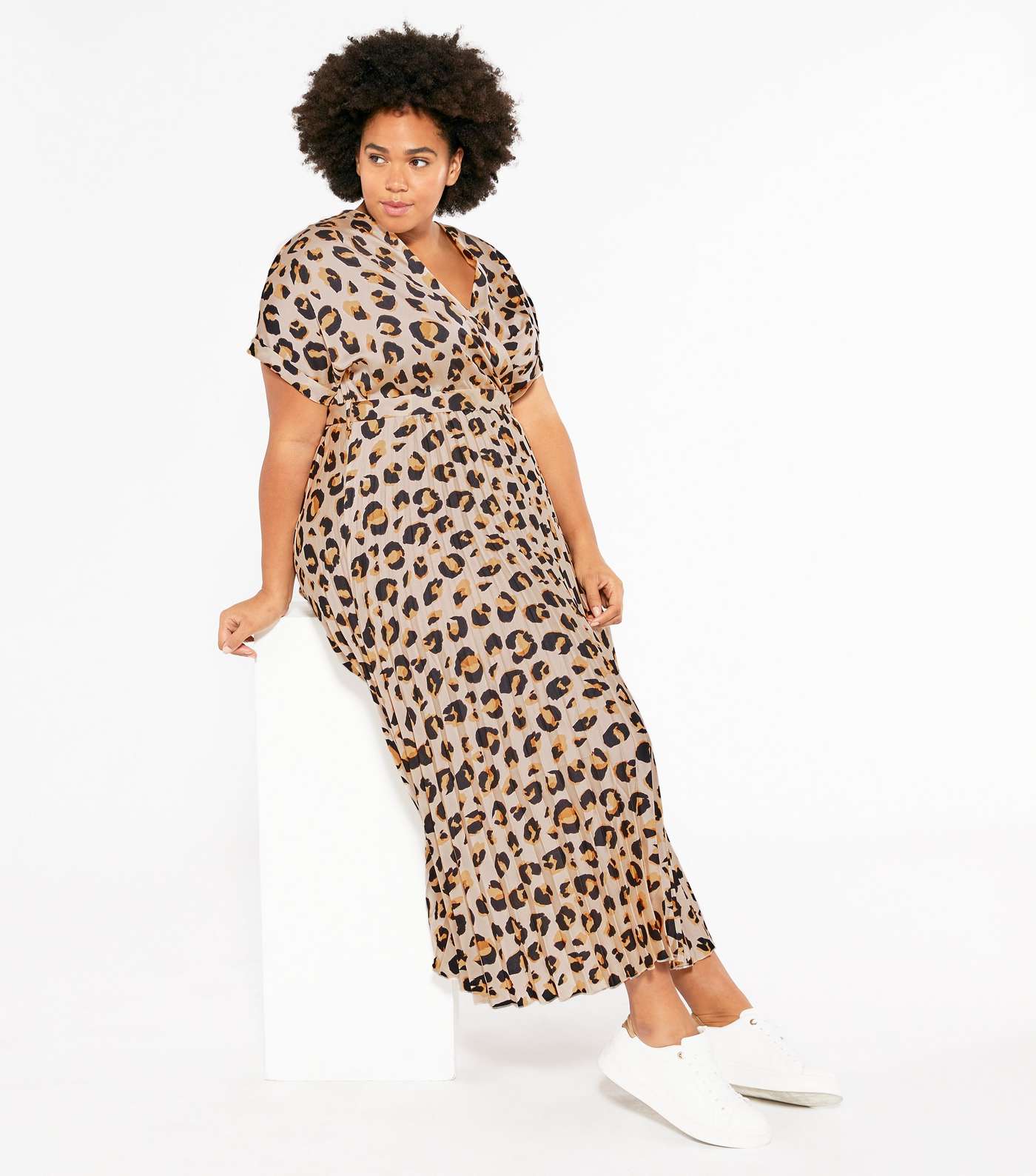 Curves Brown Leopard Print Pleated Satin Midi Dress