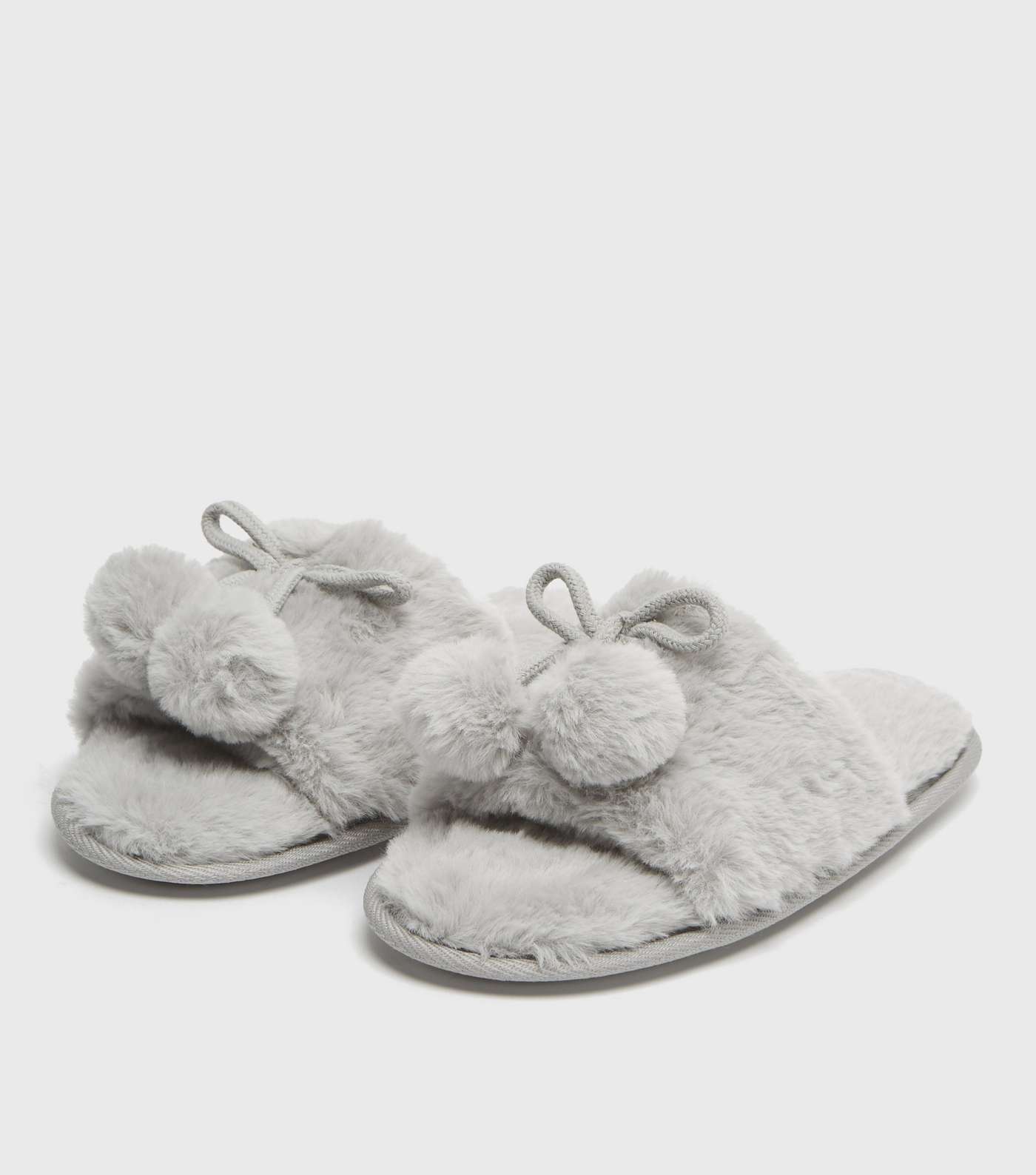 Grey Faux Fur Pom Pom Slider Slippers Image 2