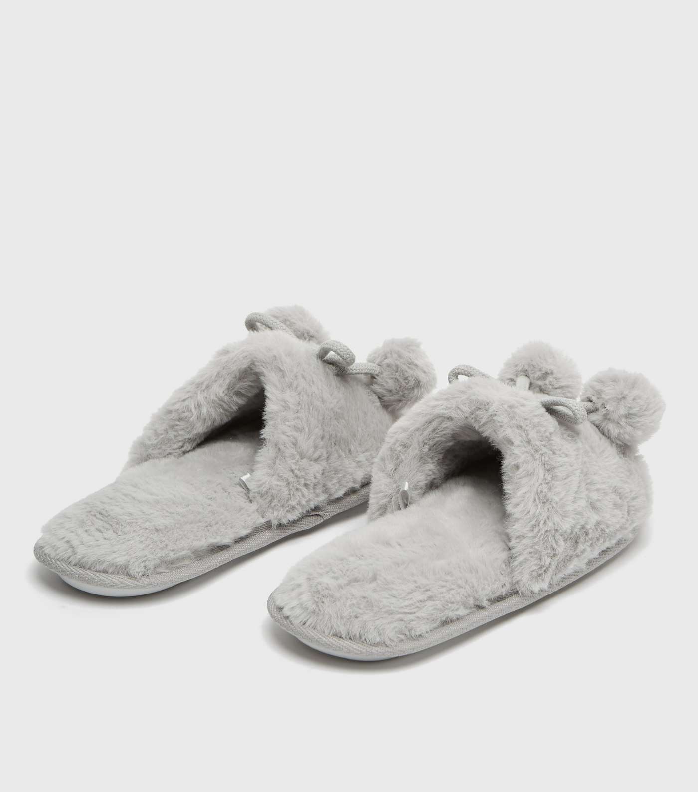 Grey Faux Fur Pom Pom Slider Slippers Image 4