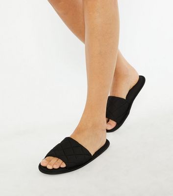Image of Black Quilted Jersey Slider Slippers New Look Vegan