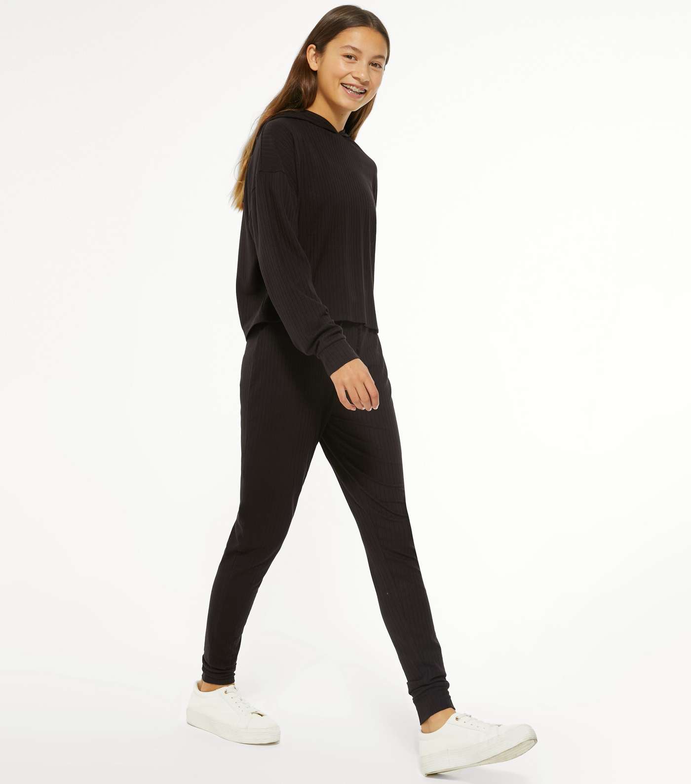 Girls Black Ribbed Jersey Joggers