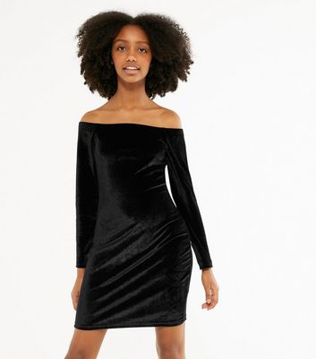 Black long hot sale sleeve bardot dress