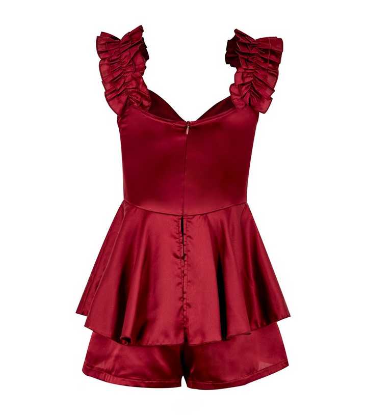 Cameo Rose Burgundy Satin Ruffle Playsuit New Look