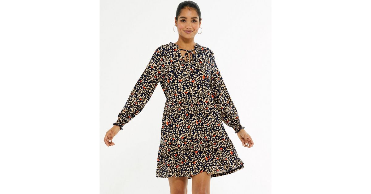 Blue Vanilla Navy Floral Tie Neck Tiered Dress New Look
