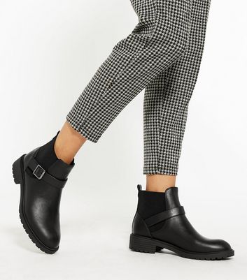 Image of Black Buckle Strap Chunky Chelsea Boots New Look Vegan