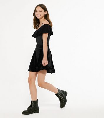 Girls Black Velvet Skater Skirt | New Look