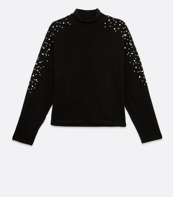 Image of Black Faux Pearl Embellished High Neck Jumper New Look