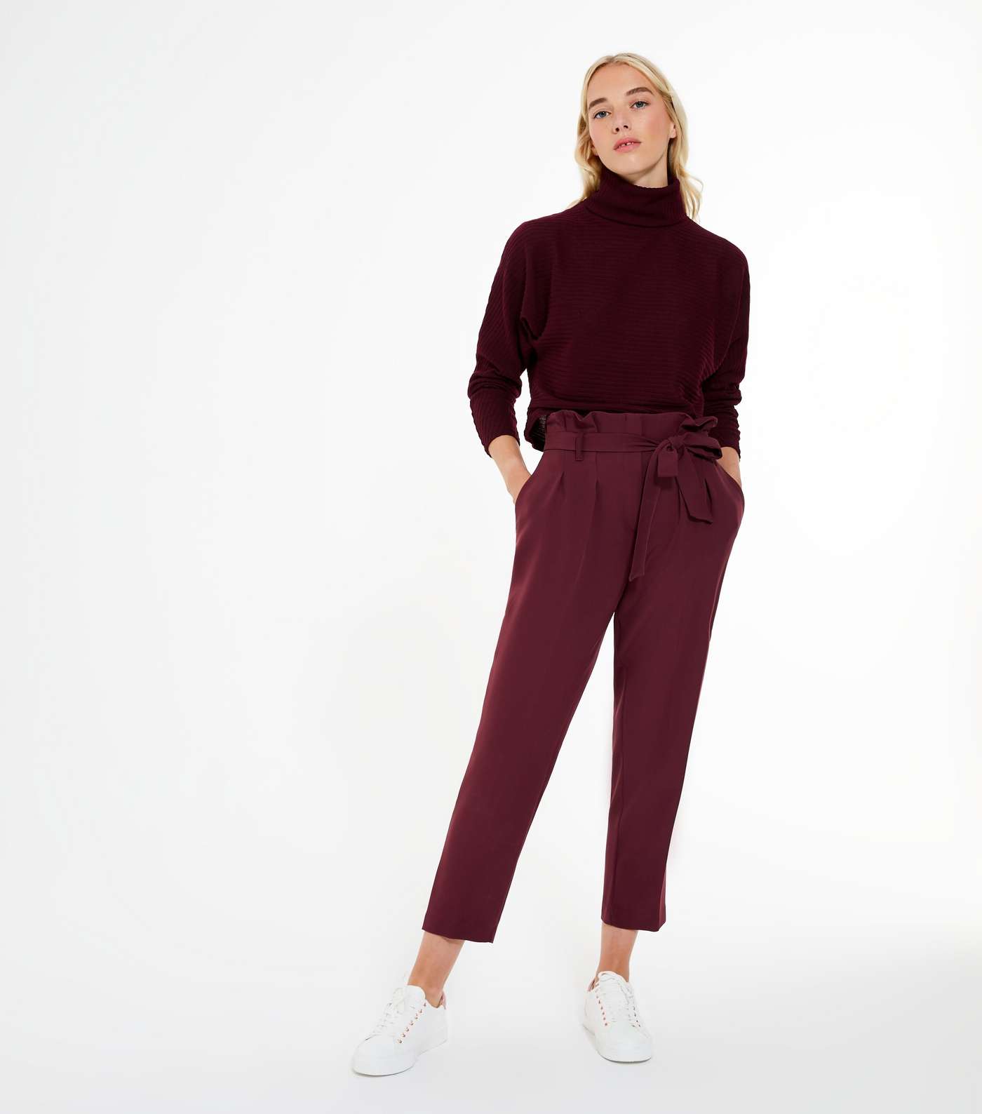 Burgundy High Tie Waist Tapered Trousers