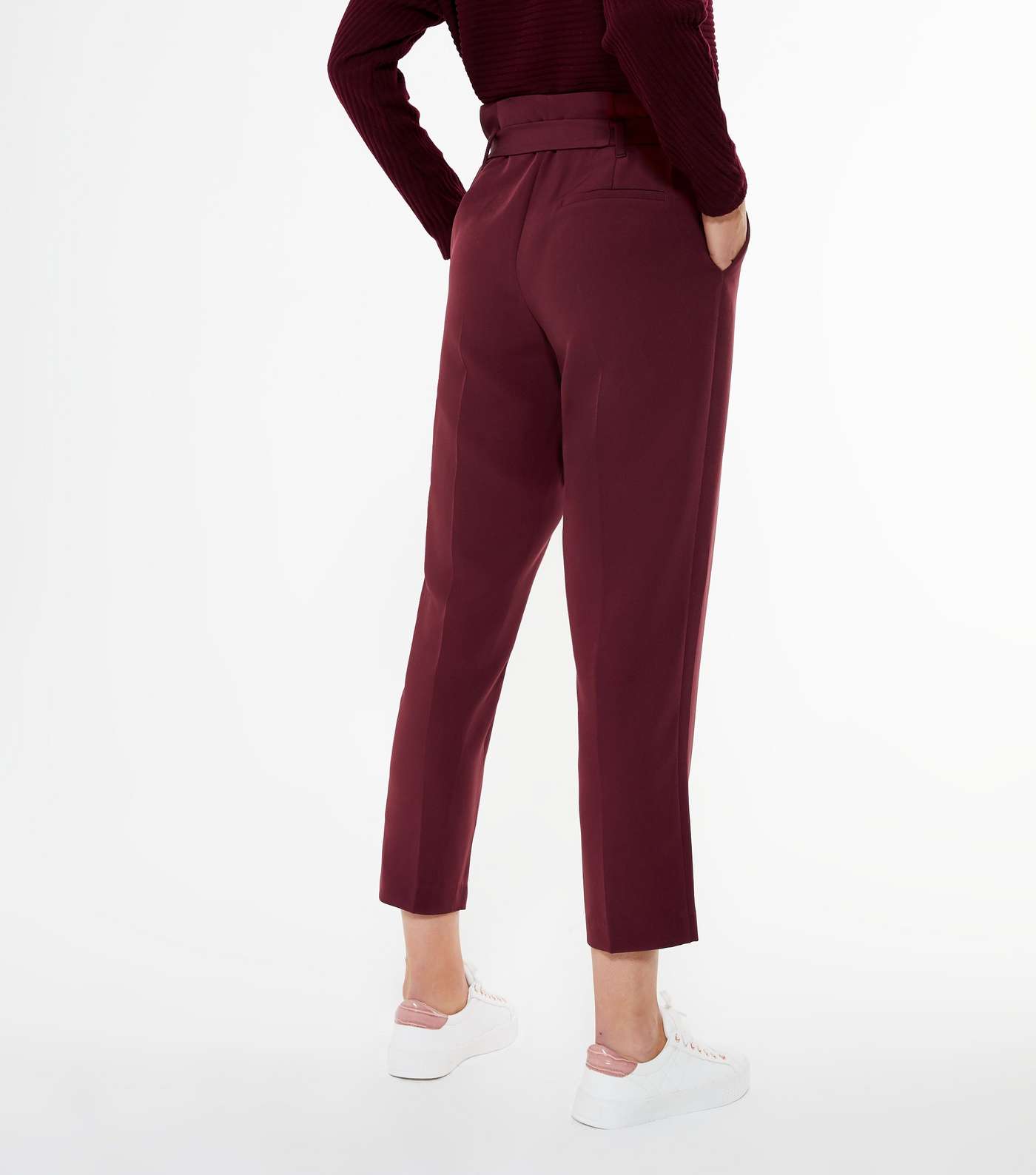 Burgundy High Tie Waist Tapered Trousers Image 3