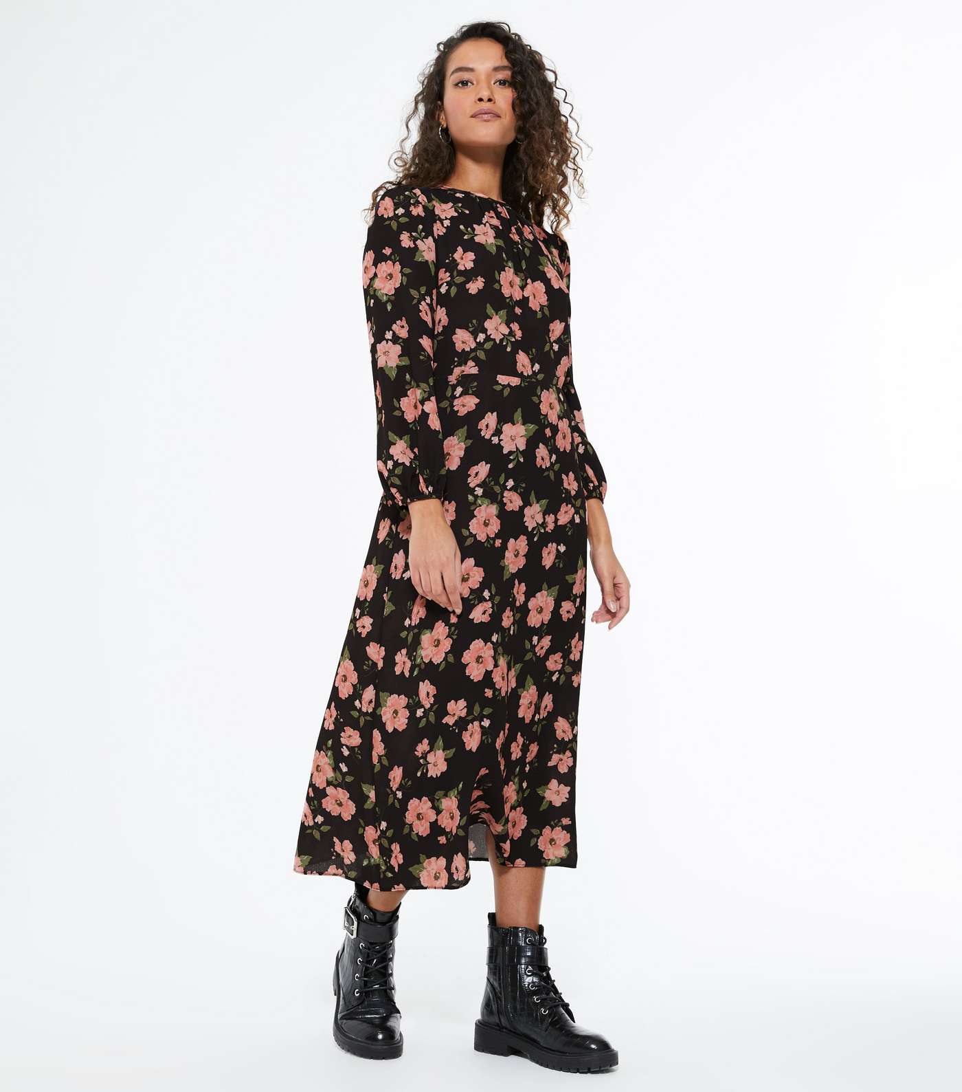 Petite Black Floral Long Sleeve Midi Dress