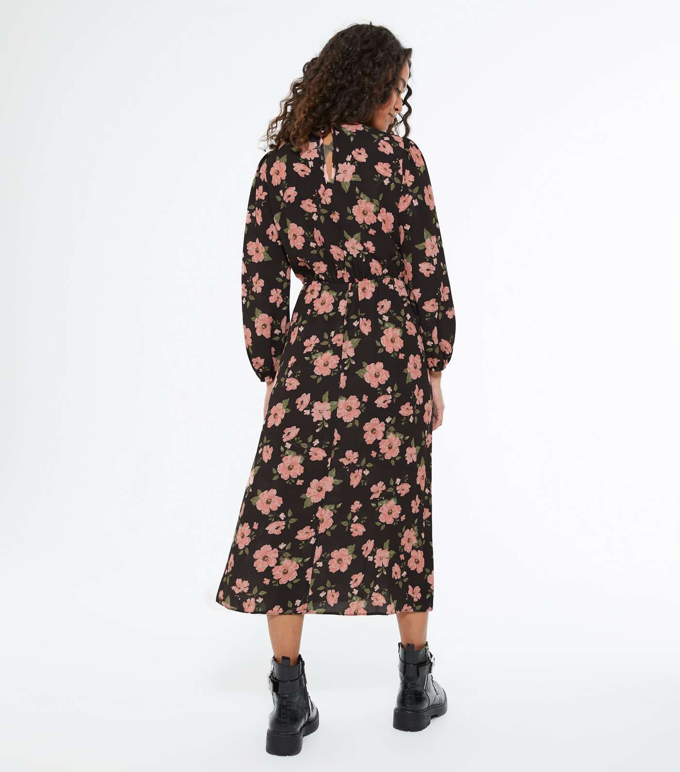 Petite Black Floral Long Sleeve Midi Dress Image 3