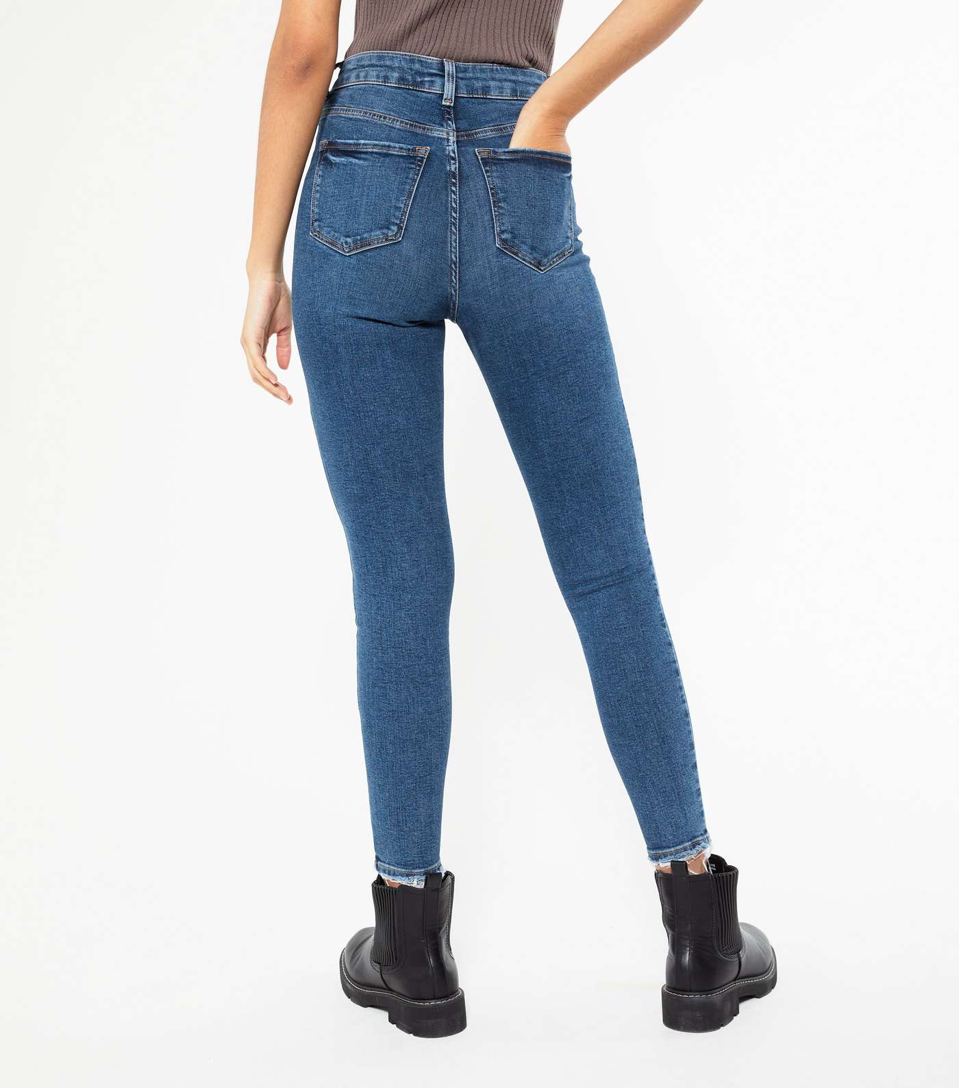 Blue Ripped Hem High Waist Ashleigh Skinny Jeans Image 3