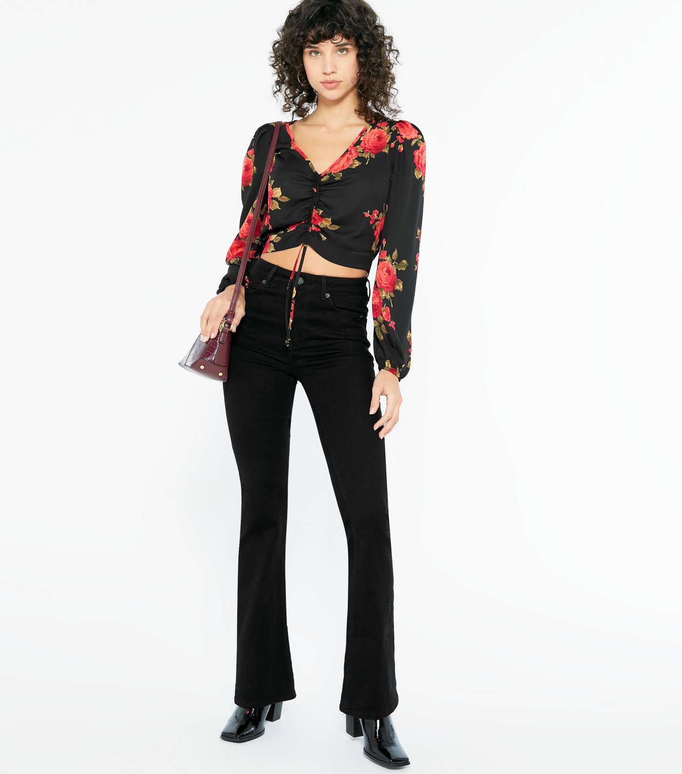 Black Satin Floral Ruched Puff Sleeve Blouse Image 2