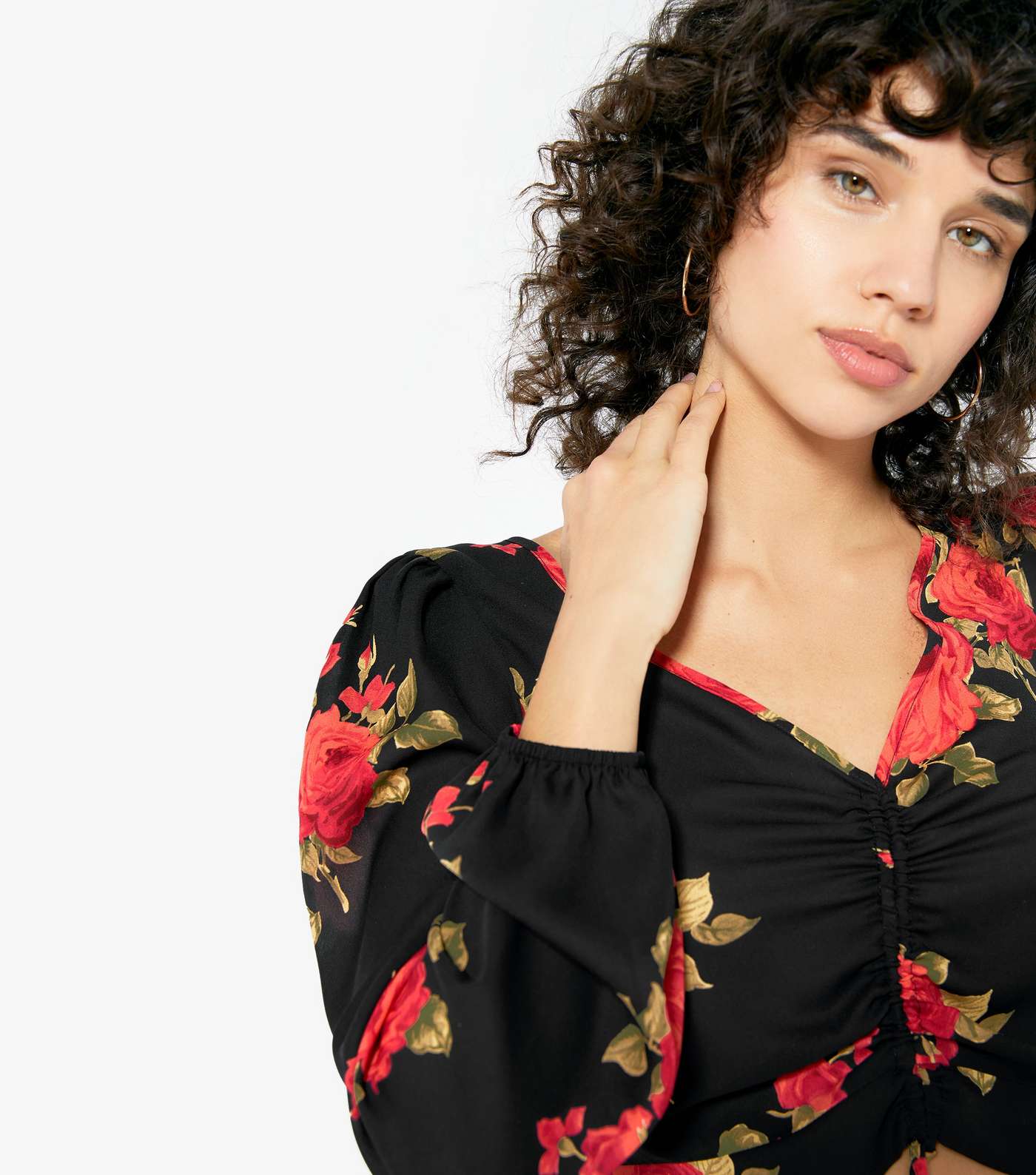 Black Satin Floral Ruched Puff Sleeve Blouse Image 4