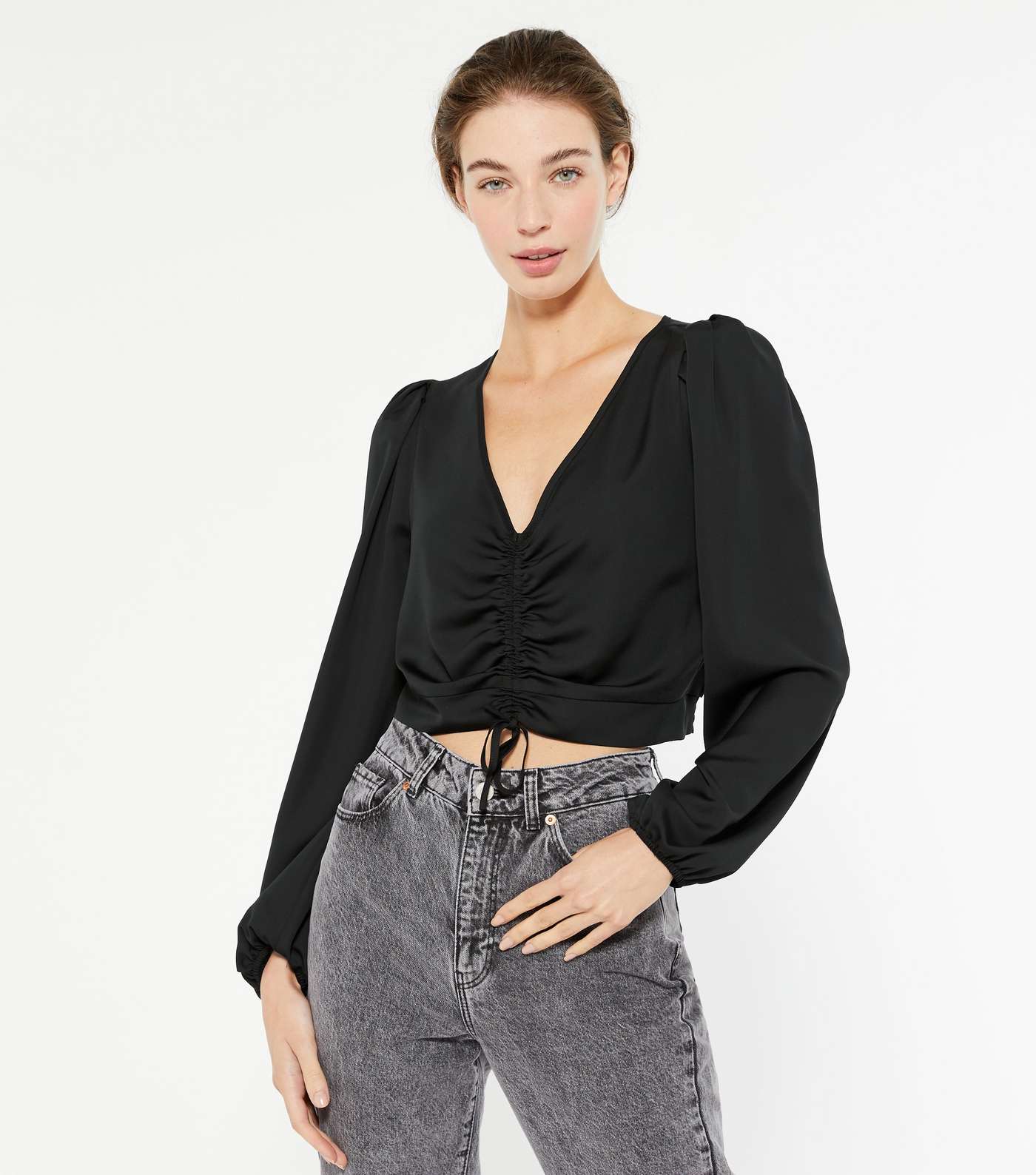 Black Satin Ruched Puff Sleeve Blouse