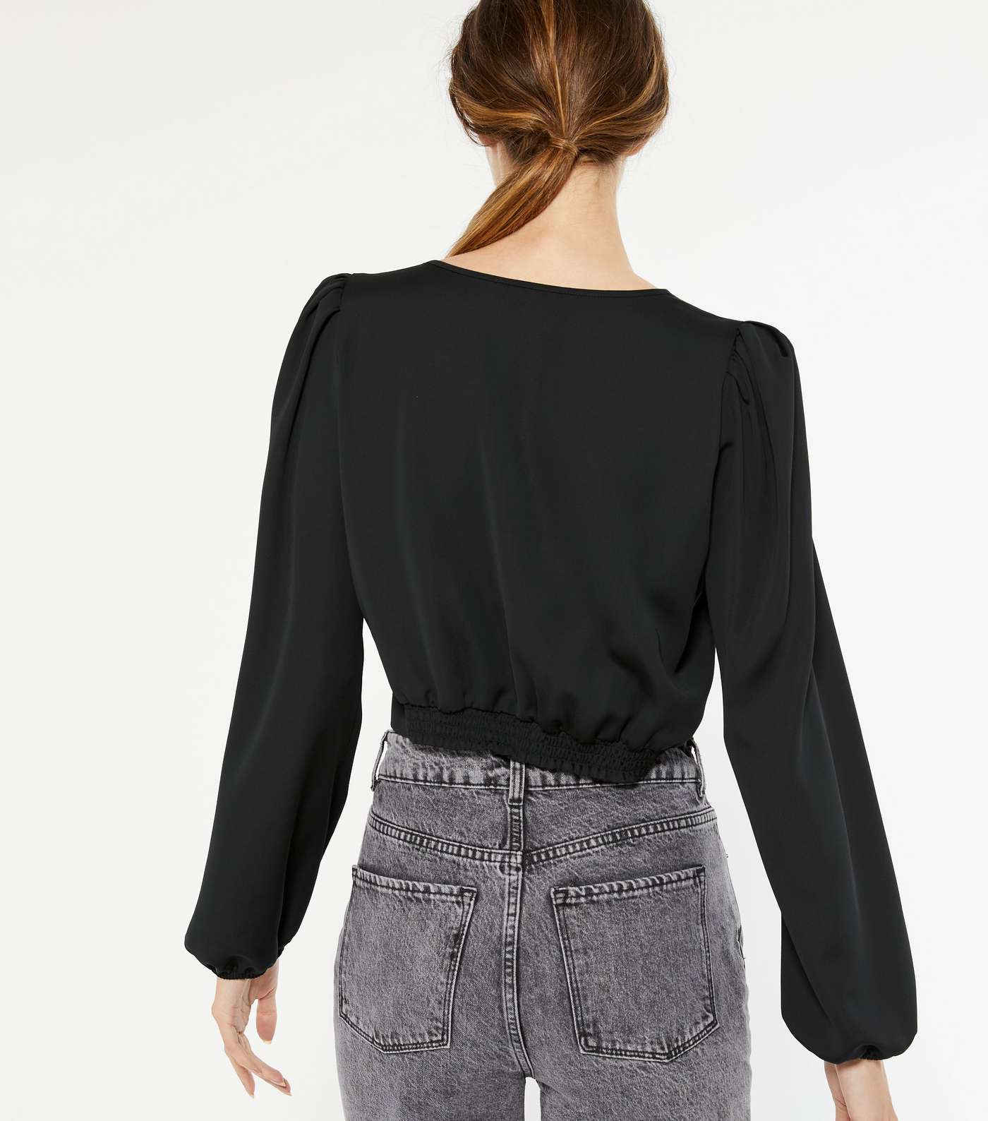Black Satin Ruched Puff Sleeve Blouse Image 3