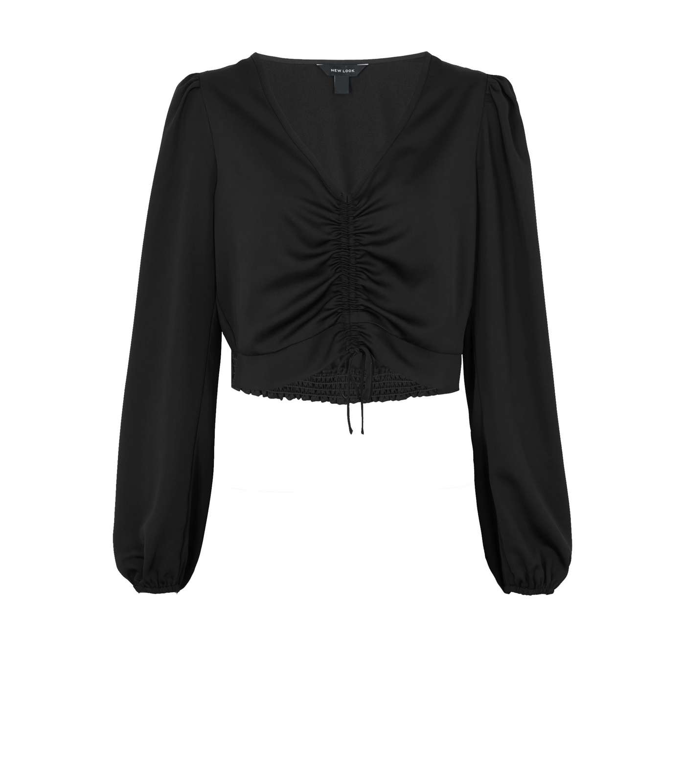 Black Satin Ruched Puff Sleeve Blouse Image 5