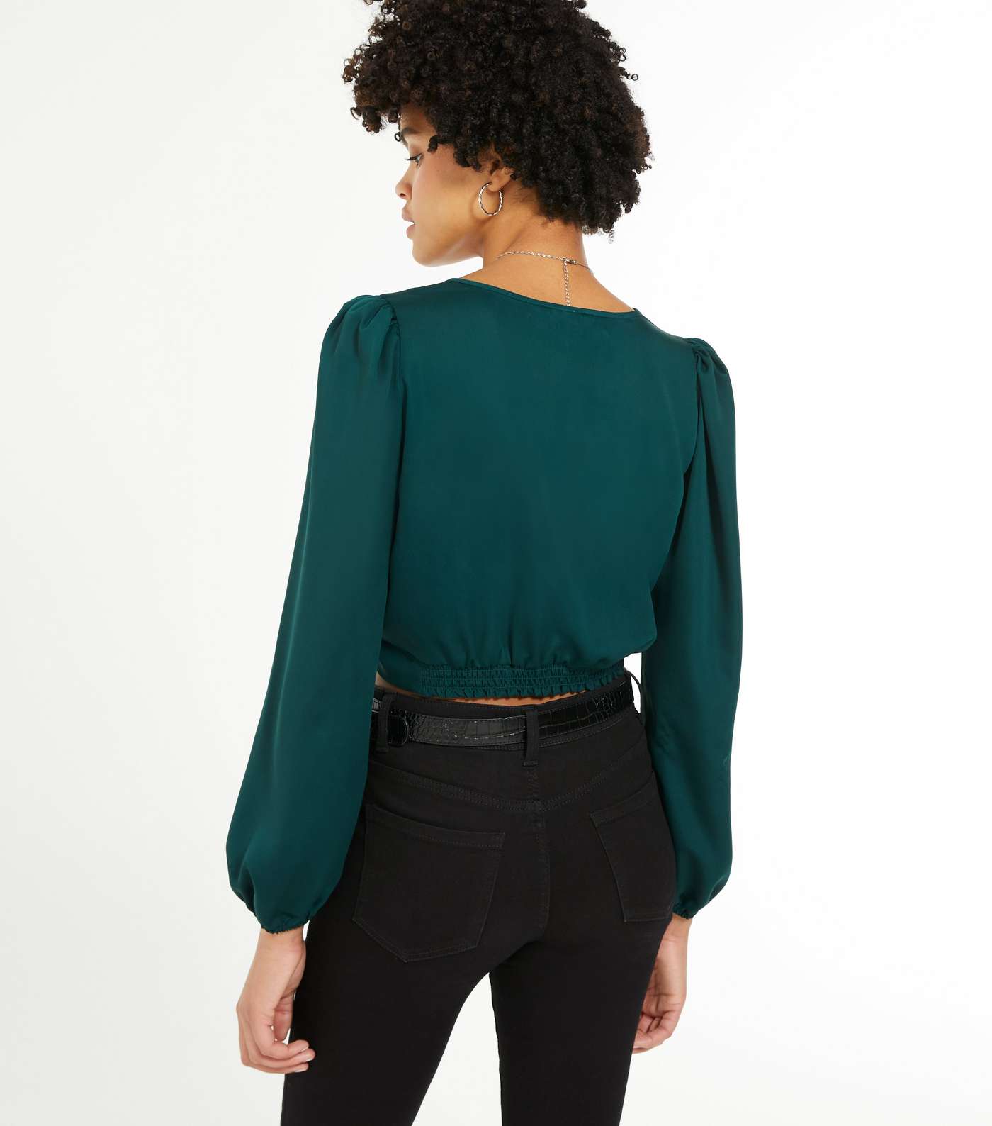 Dark Green Satin Ruched Puff Sleeve Blouse Image 3