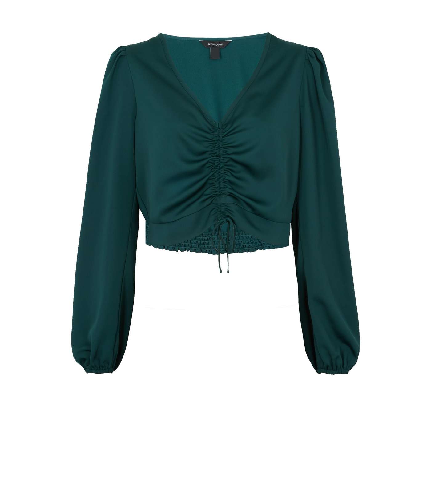 Dark Green Satin Ruched Puff Sleeve Blouse Image 5