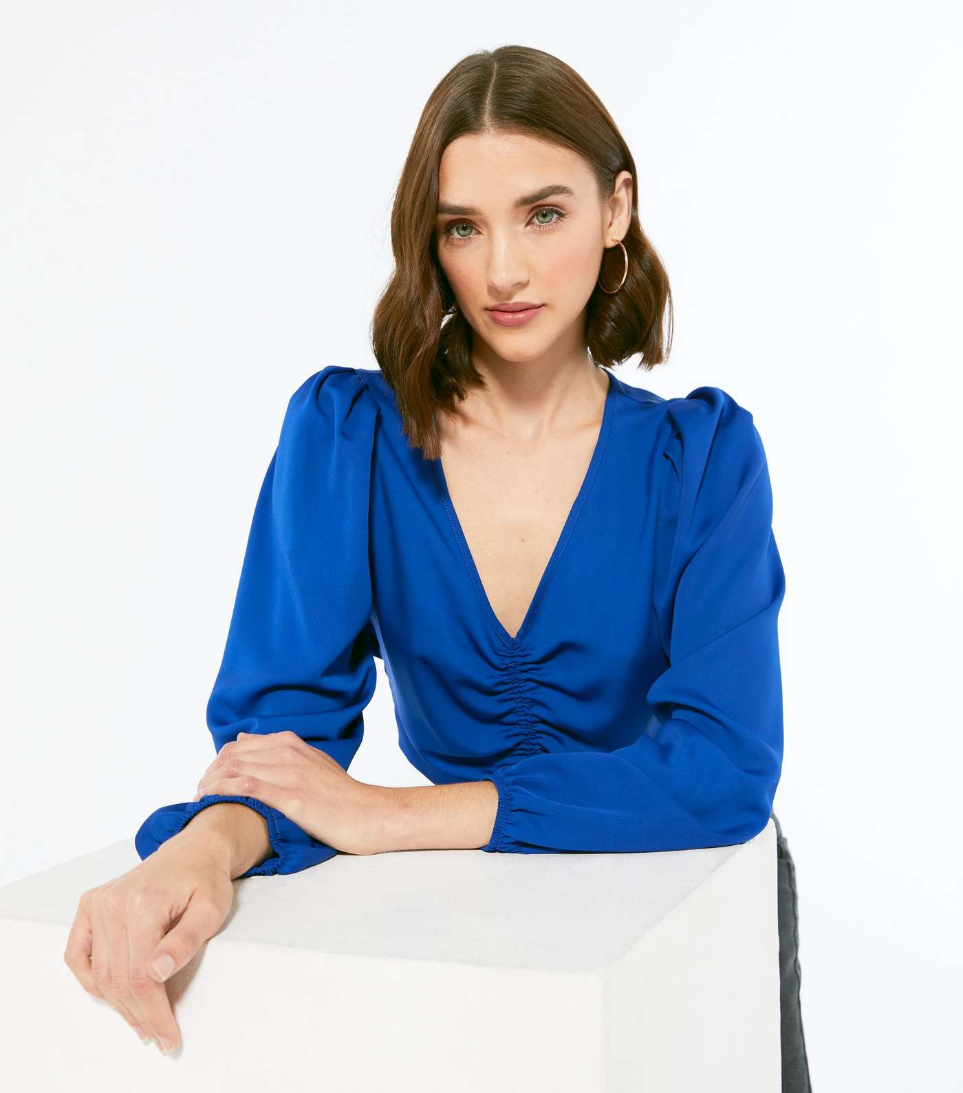 Blue Satin Ruched Puff Sleeve Blouse Image 4