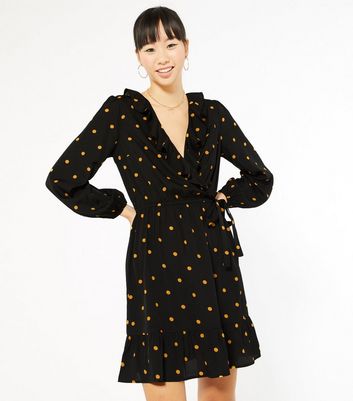 Black Spot Frill Wrap Mini Dress New Look