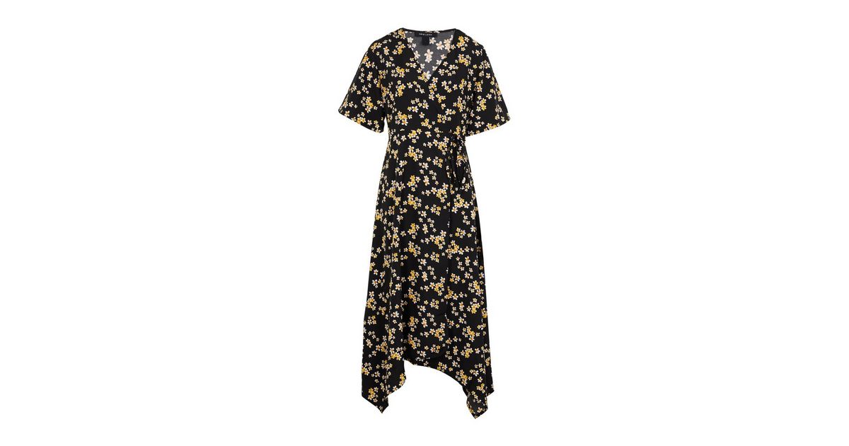 Black Ditsy Floral Asymmetric Wrap Midi Dress New Look