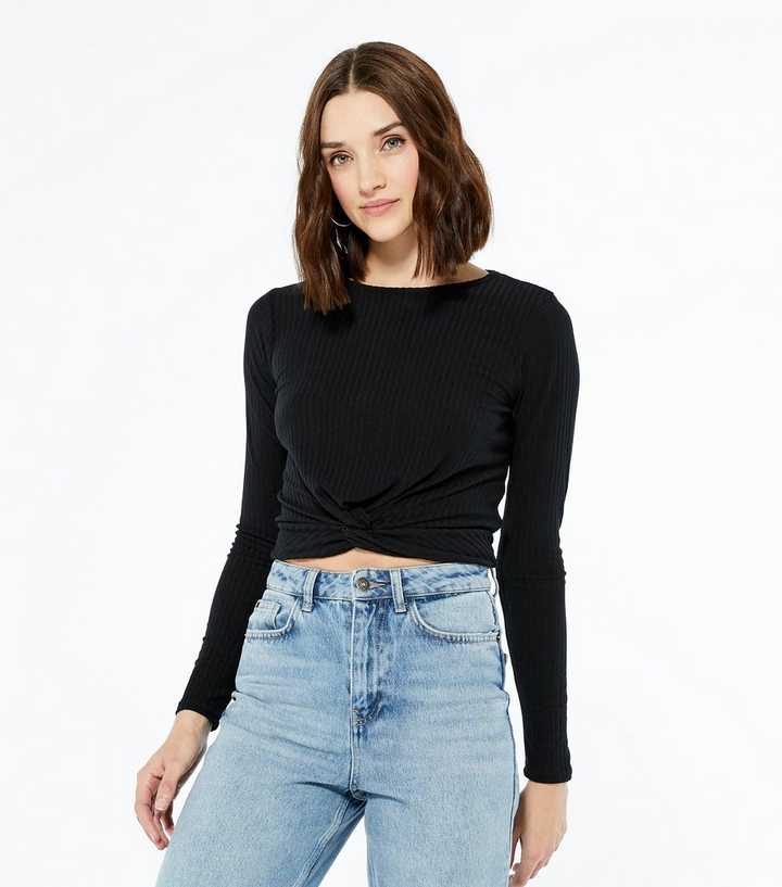 Black Ribbed Twist Front Crop Top