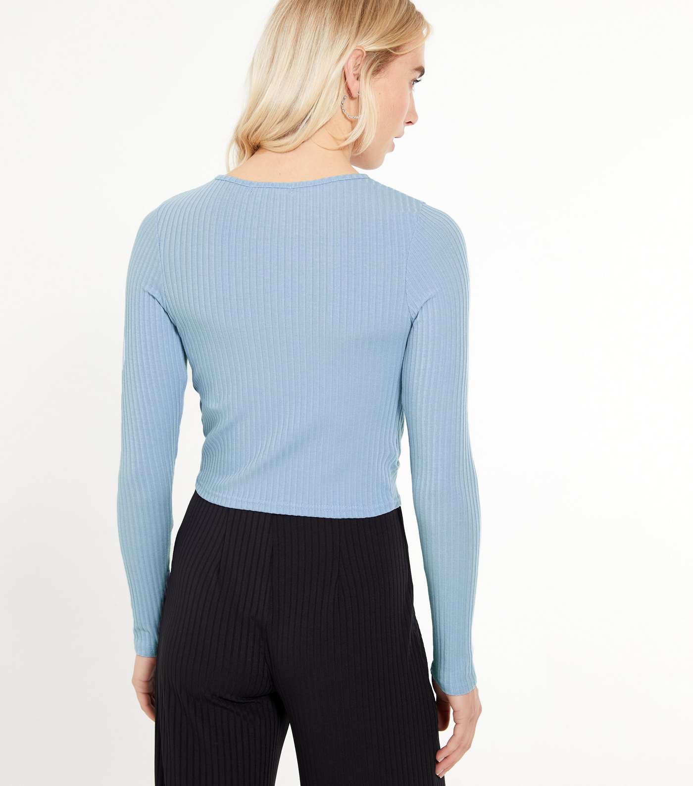Pale Blue Ribbed Twist Front Crop Top Image 3