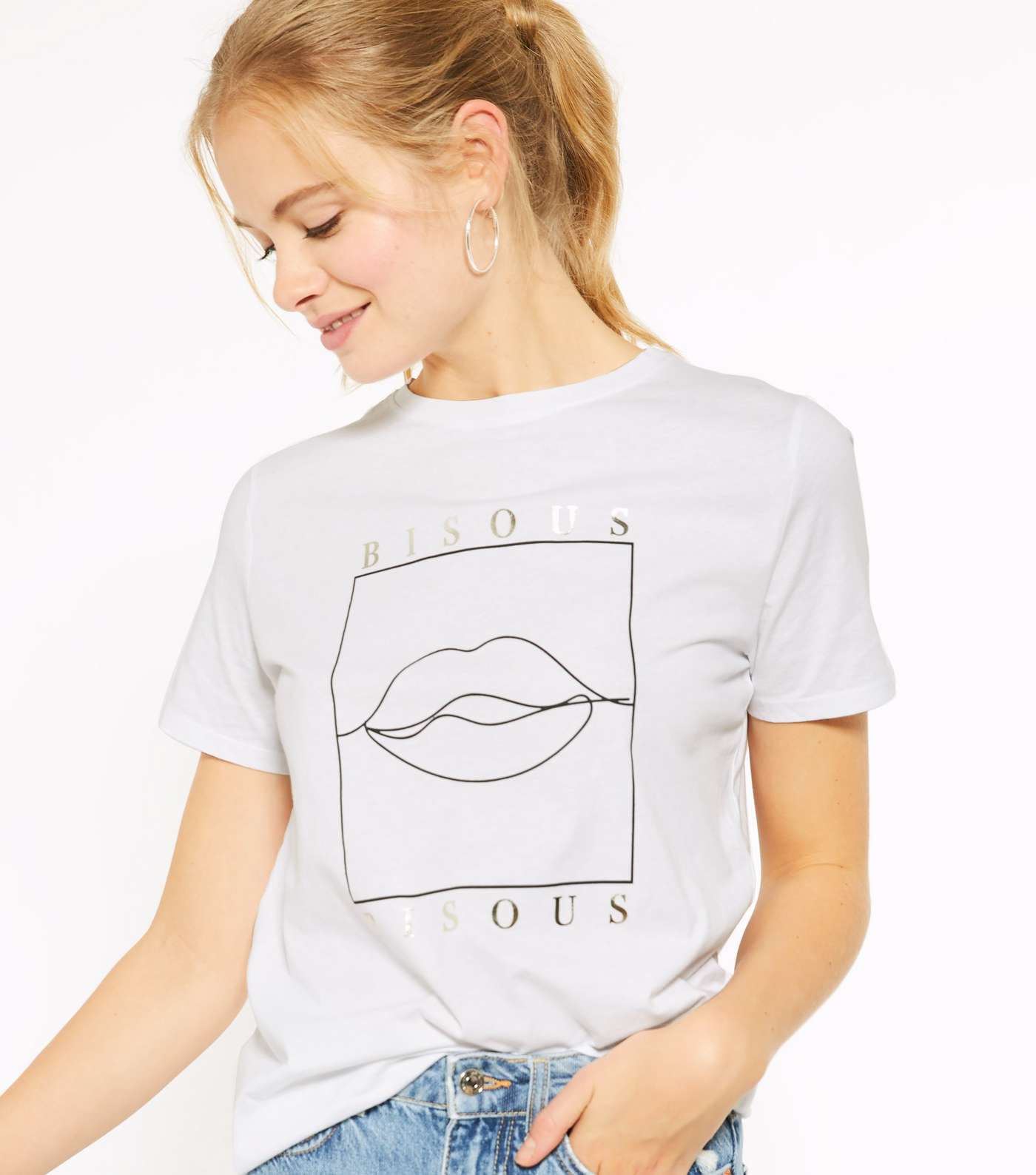 White Bisous Lips Slogan T-Shirt Image 4