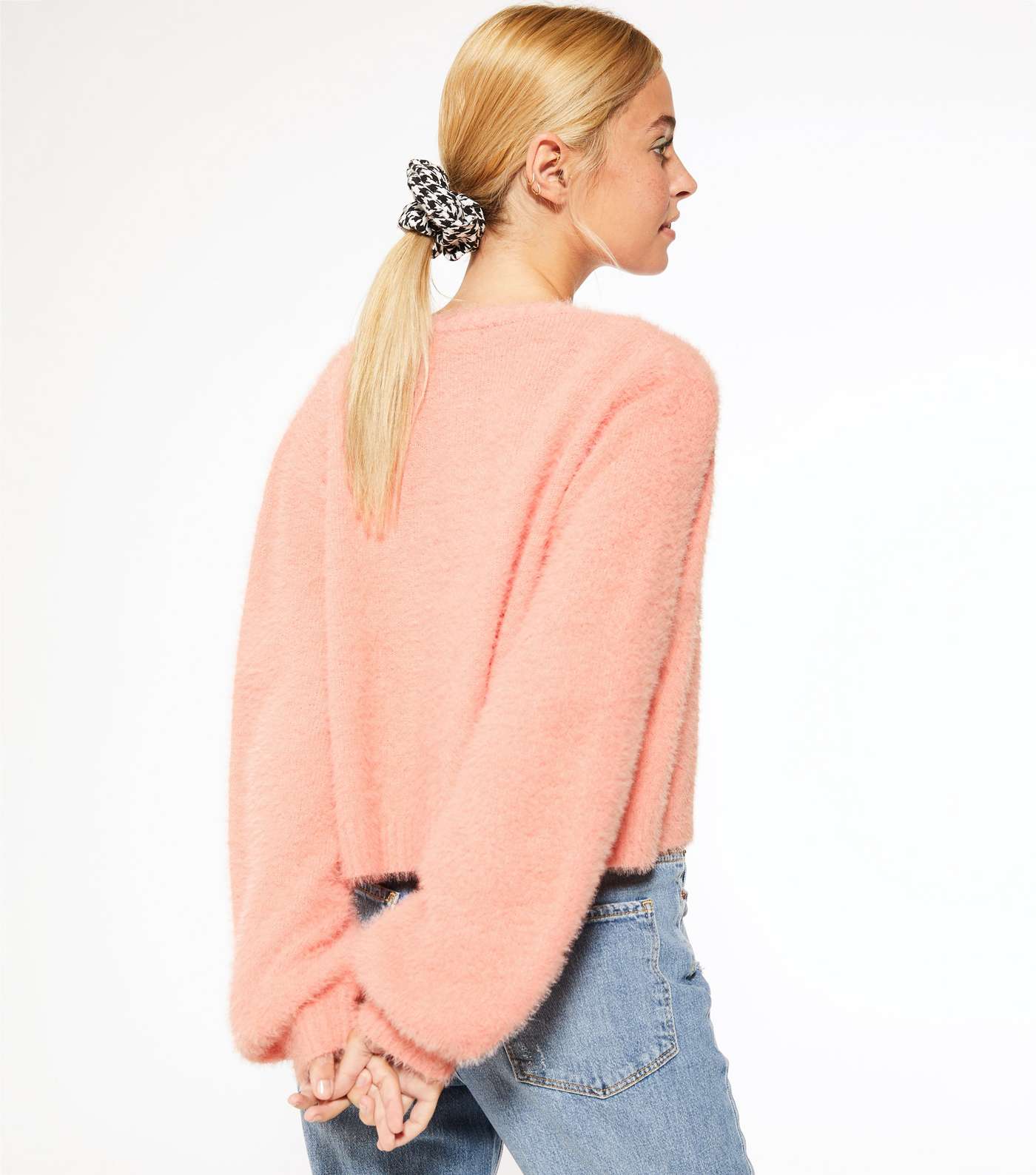 Petite Mid Pink Fluffy Knit Puff Sleeve Cardigan Image 4